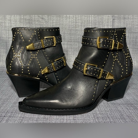 Dolce Vita Ronnie Studded Western Ankle Boots Black Leather Size 8 - Picture 2 of 7